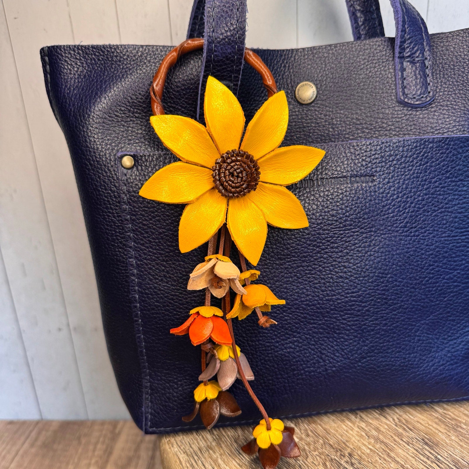 Leather Purse Charm Yellow Flower Charm Genuine Leather Daisy Bag Charm NEW!