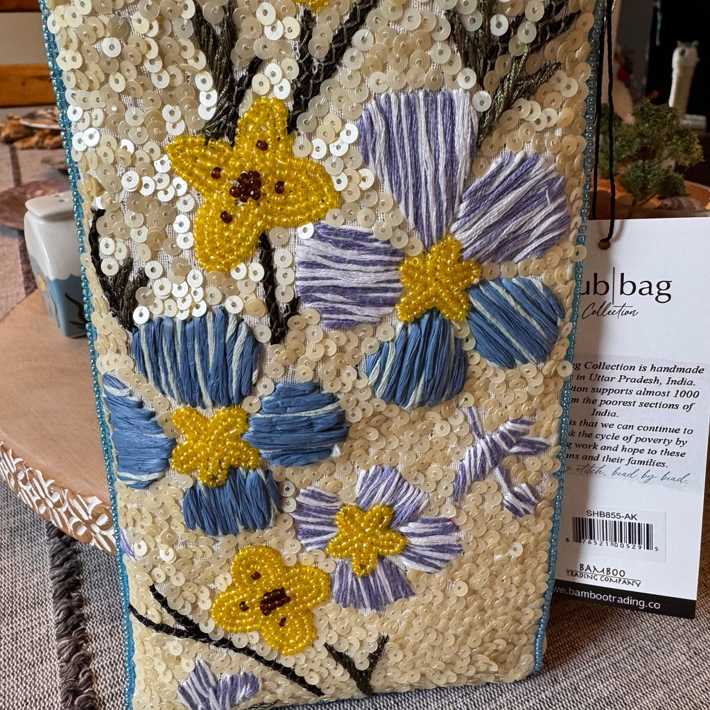 Blue yellow Beaded Crossbody Club Bag Stitched Phone Bag Small Night out Purse