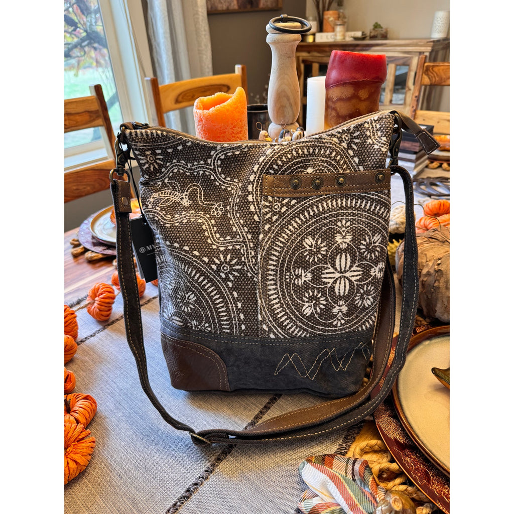 Canvas Crossbody Bag Grey Brown Greige Neutral Messenger Tote Bag NEW!  13 x 12