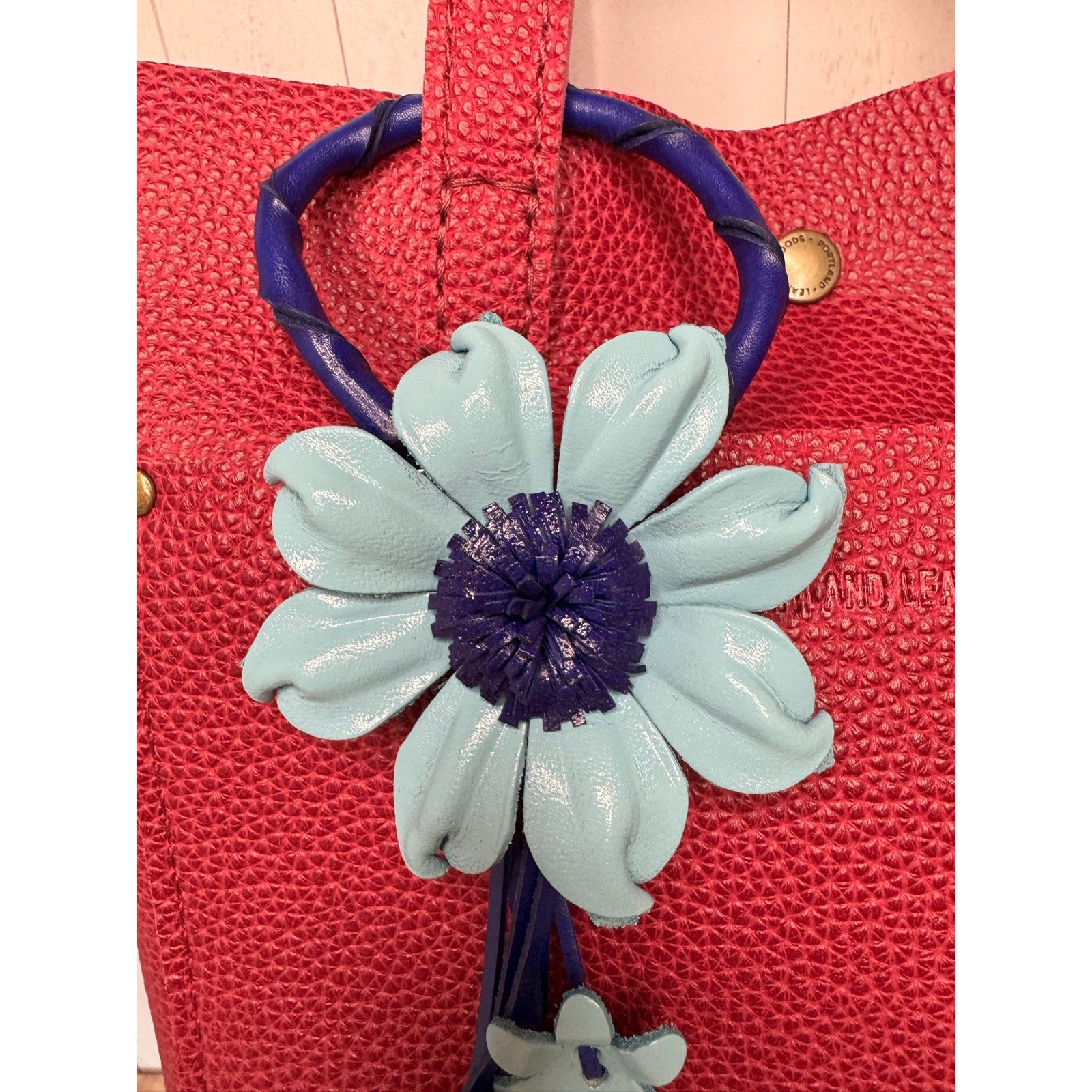 Blue Leather Purse Charm Blue Flower Charm Genuine Leather Daisy Bag Charm NEW!