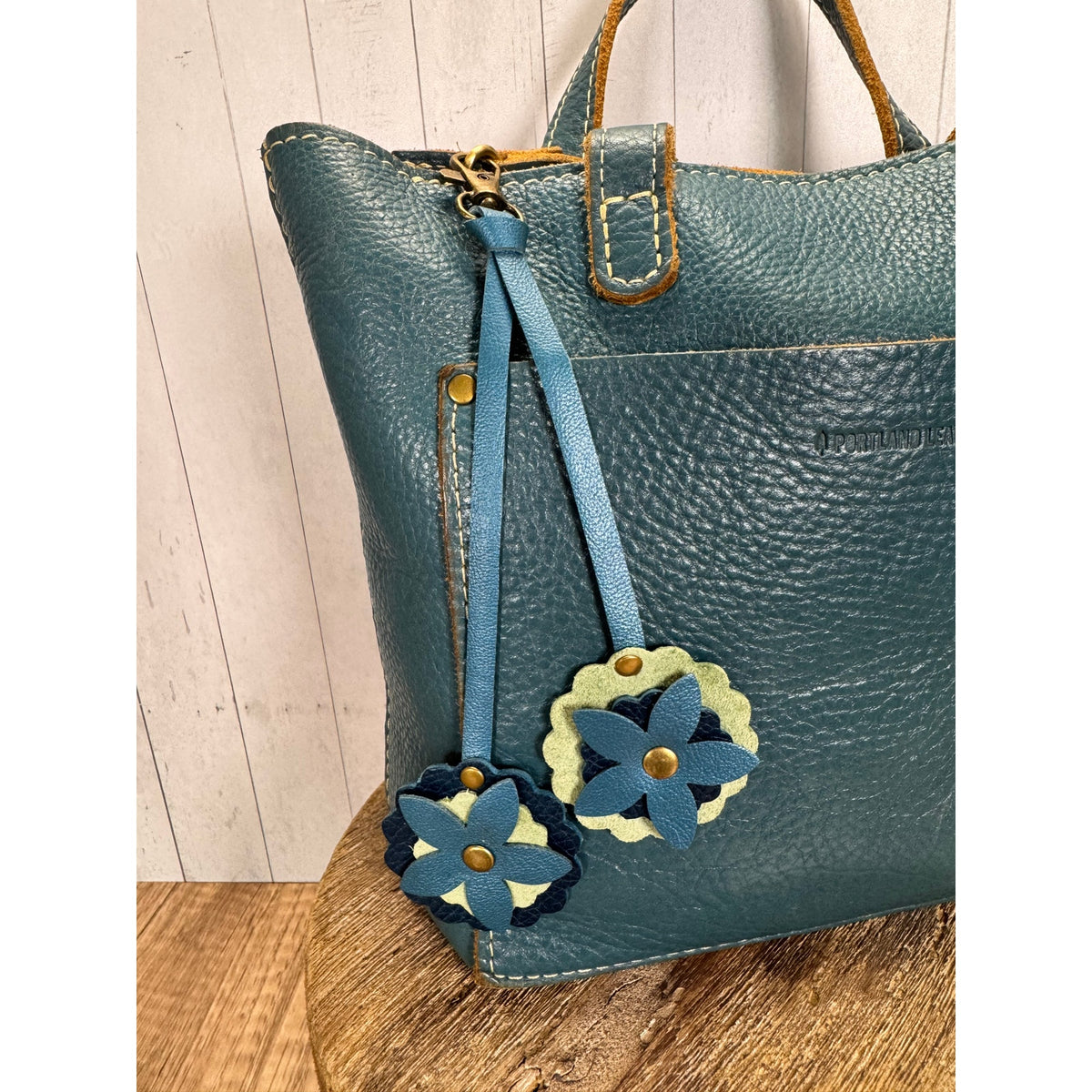Double Flower Bag Charm Genuine Leather Green Blue Purse Charm NEW!