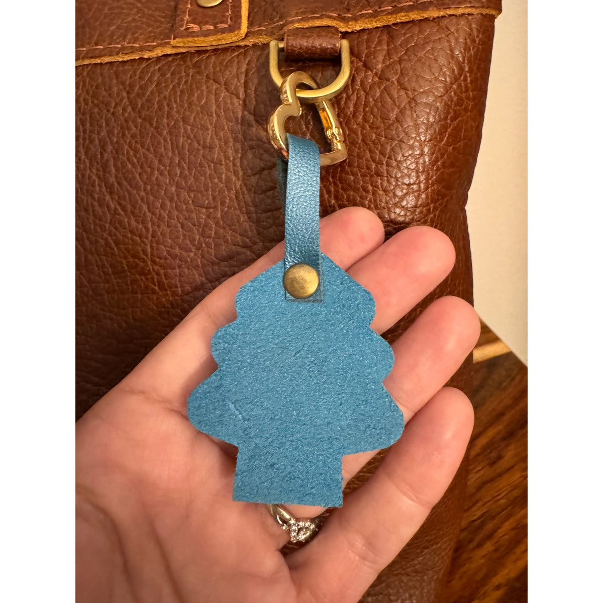 Holiday Blue Christmas Bag Charm Genuine Leather Christmas Tree Purse Charm