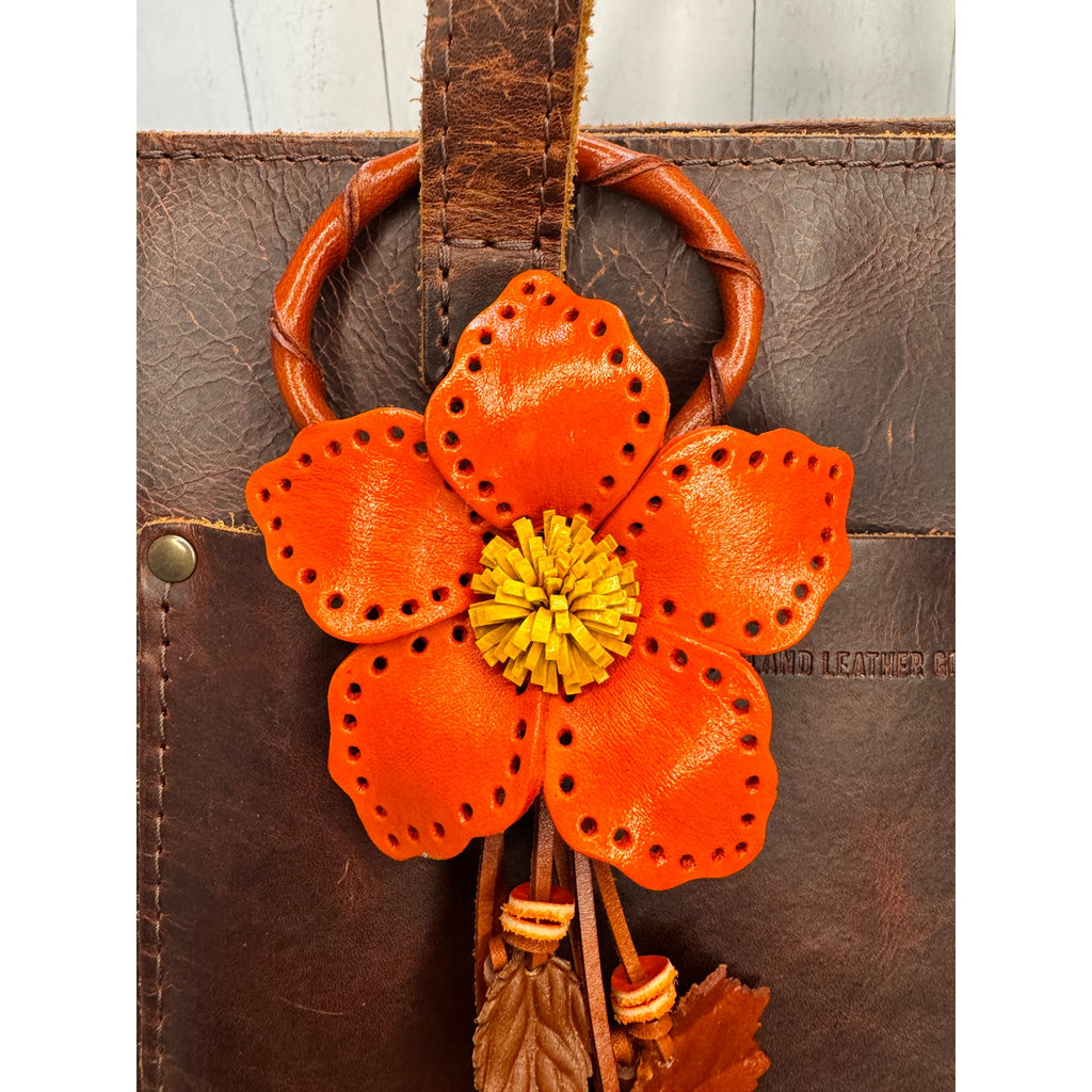 Autumn Orange Leather Purse Charm Genuine Leather Orange Flower Bag Charm