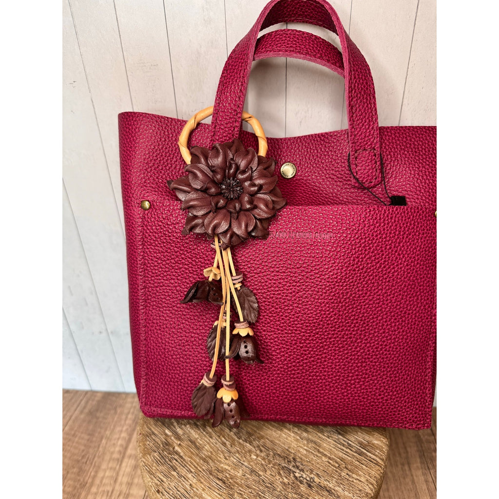 Leather Flower Purse Charm Genuine Leather Eggplant Brown Dahlia Fall Bag Charm
