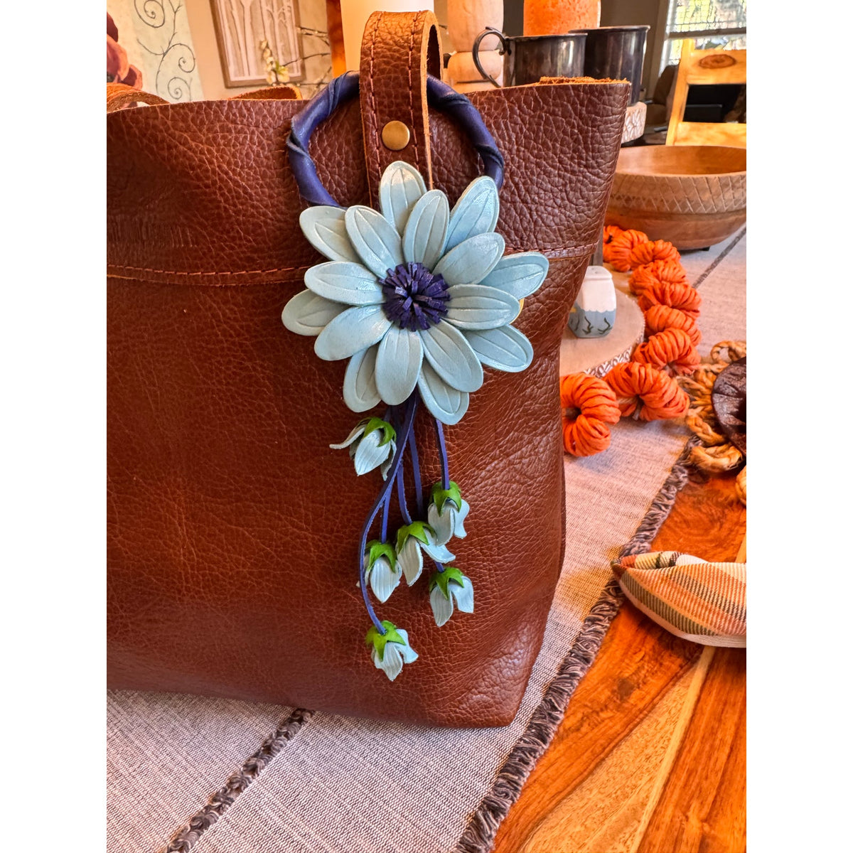 Light Blue Sunflower Purse Charm Flower Bag Charm Genuine Leather Accessories