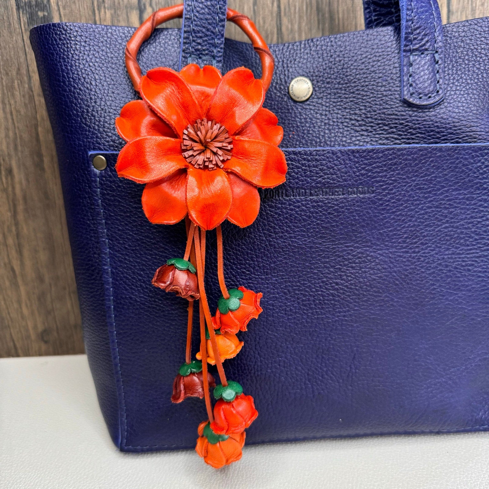 Orange Leather Flower Purse Charm Genuine Leather Purse Autumn Bag Charm