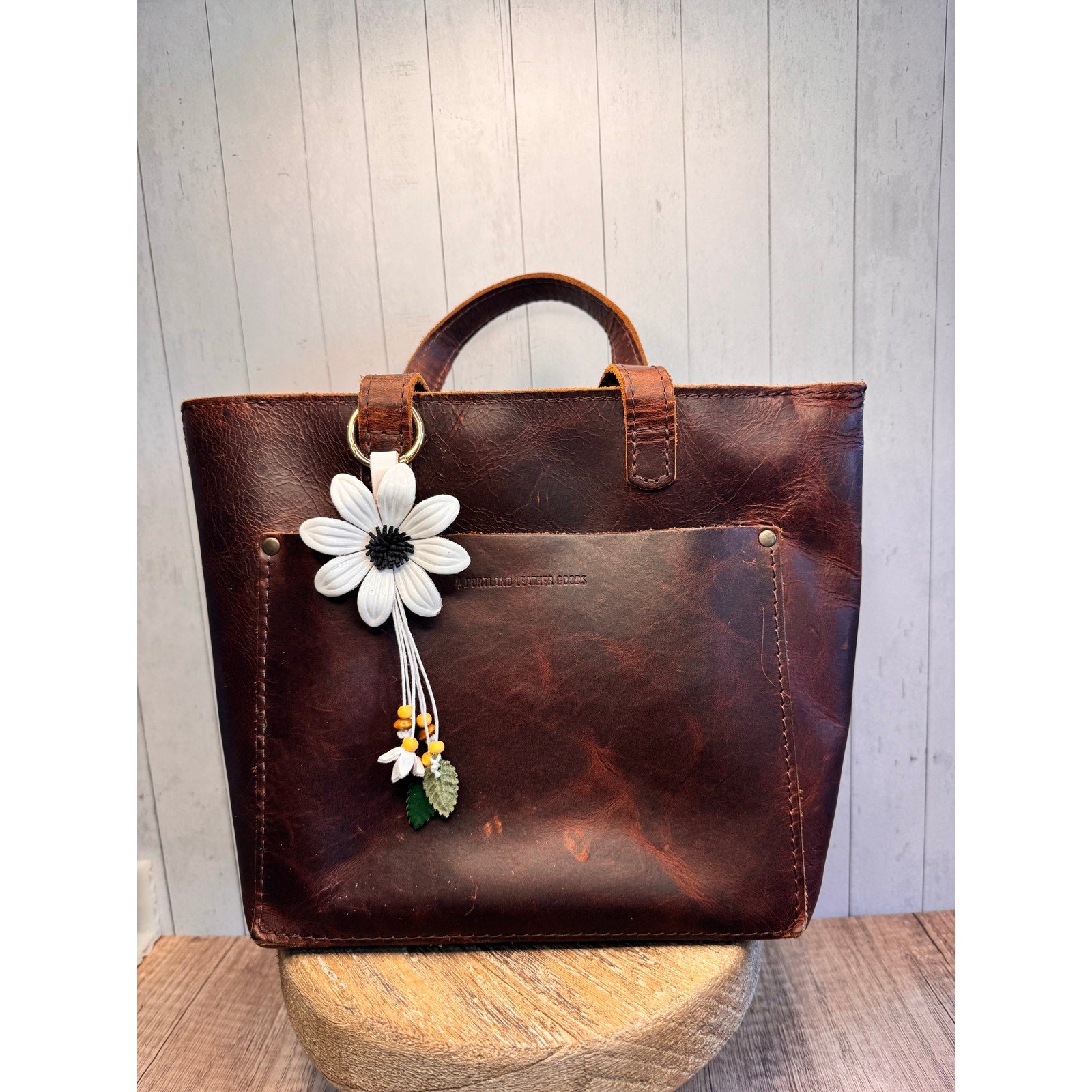 White Summer Daisy Purse Charm Genuine Leather Summer Flower Bag Charm NEW!