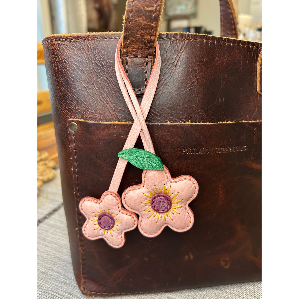Double Pink Flower Bag Charm Daisy Flower Genuine Leather Purse Charm
