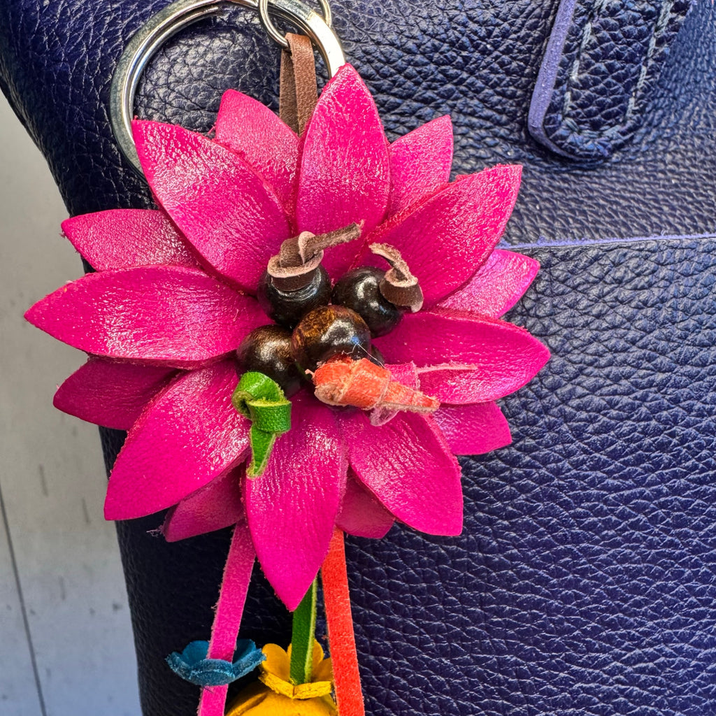 Pink Daisy Flower Leather Bag Charm Genuine Leather Purse Crossbody Keychain