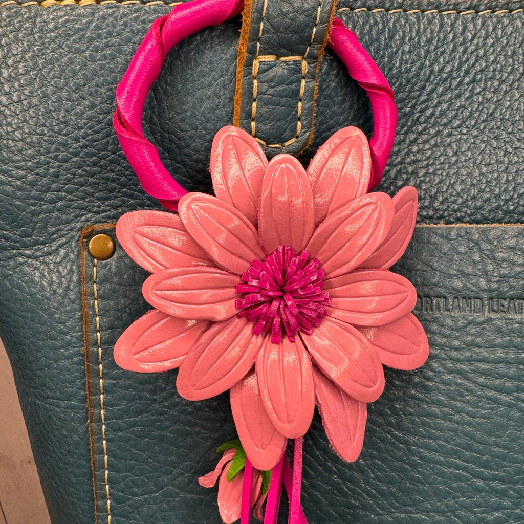 Genuine Leather Flower Purse Charm Pink Daisy Flower Leather Bag Charm FAST SHIP