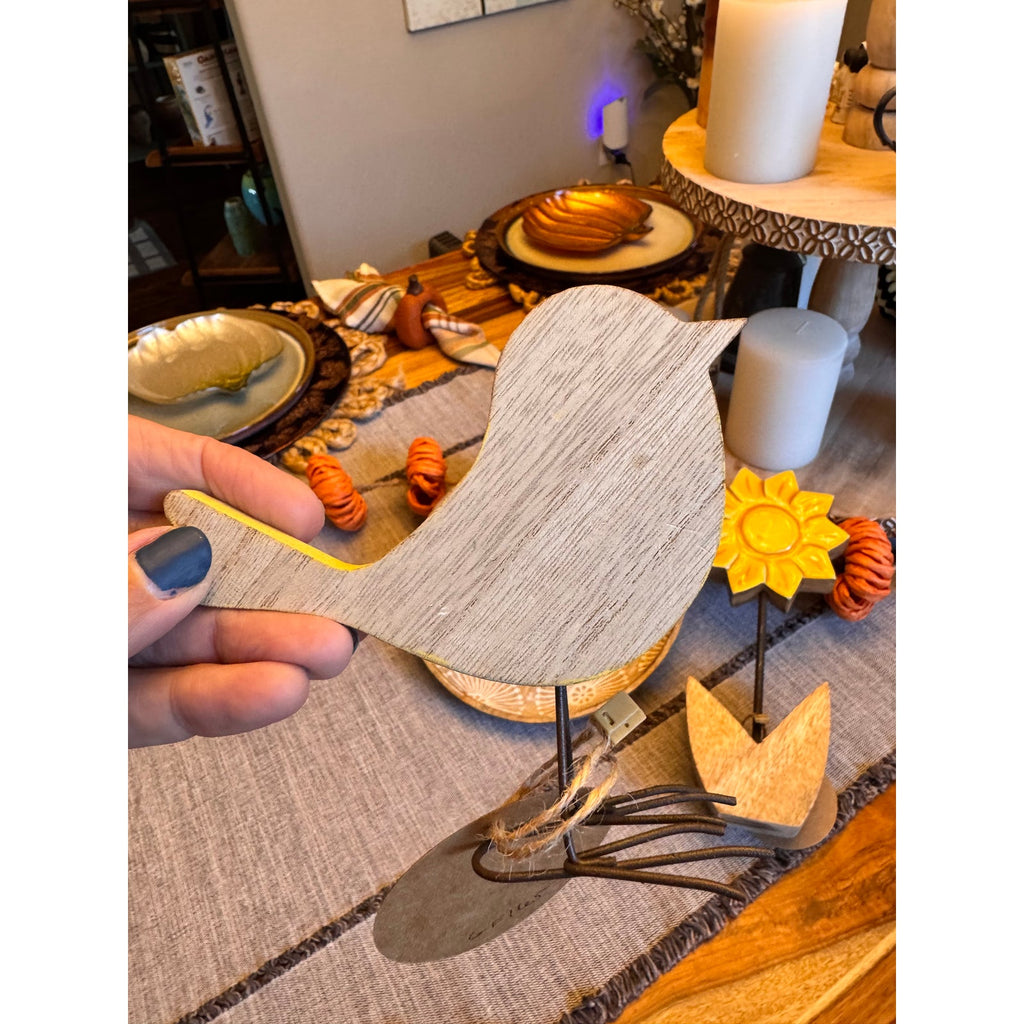Set of 3 Rustic Home Decor Wood Flower Candle Plate Yellow Songbird Daisy Flower
