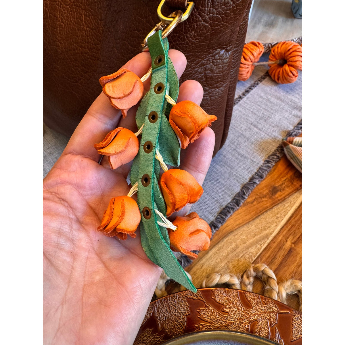 Genuine Leather Orange Trailing Flower Purse Charm Leather Bag Charm