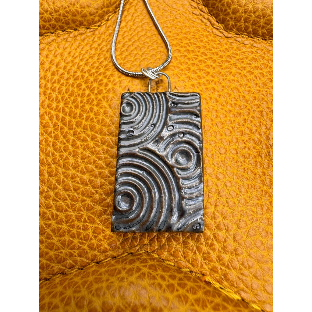 Kiln Fired Mirror Circle Pendant Necklace Handcrafted Ceramic Blue Gray Necklace
