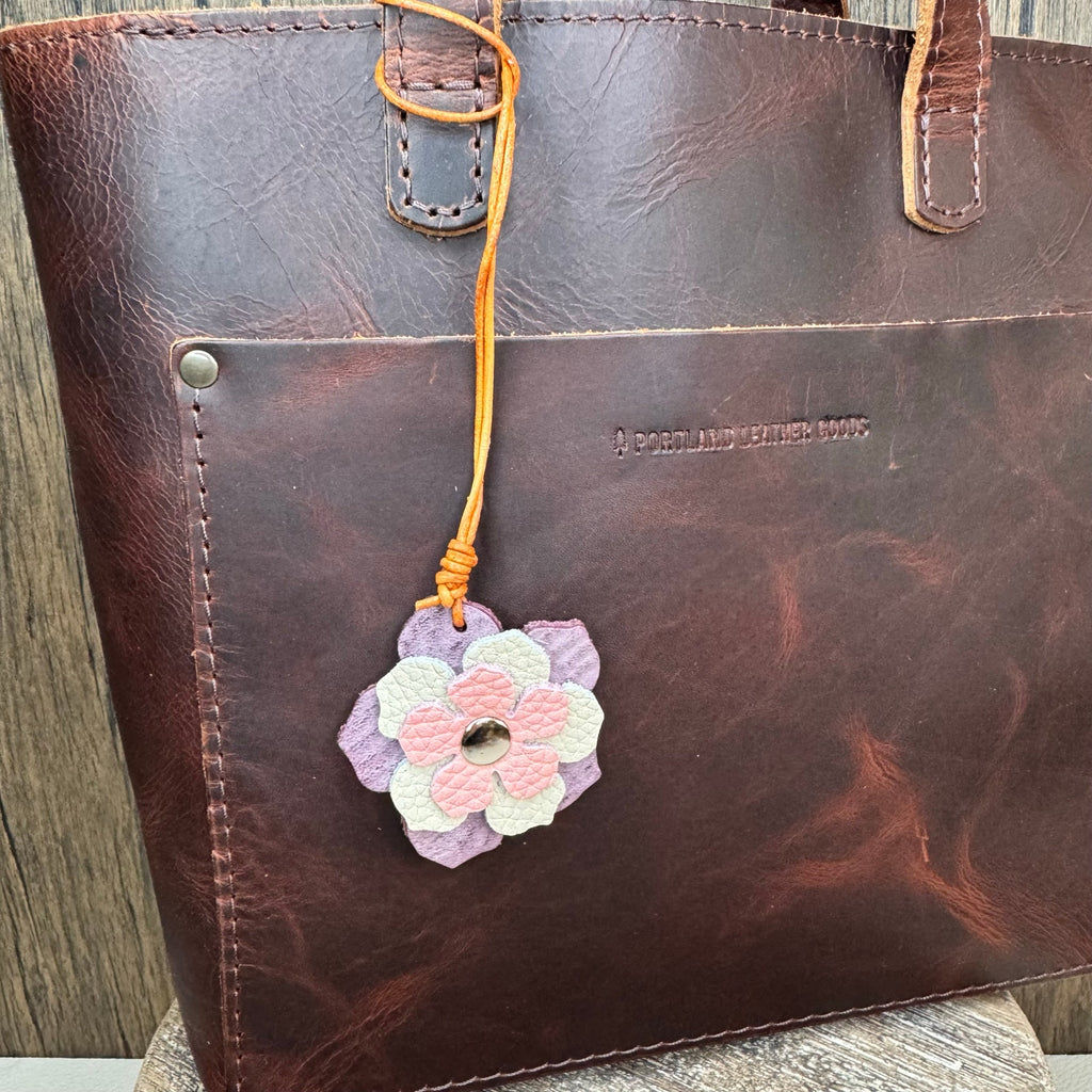 Leather Charm Pink Purple Flower Bag Charm Genuine Leather Purse Keychain
