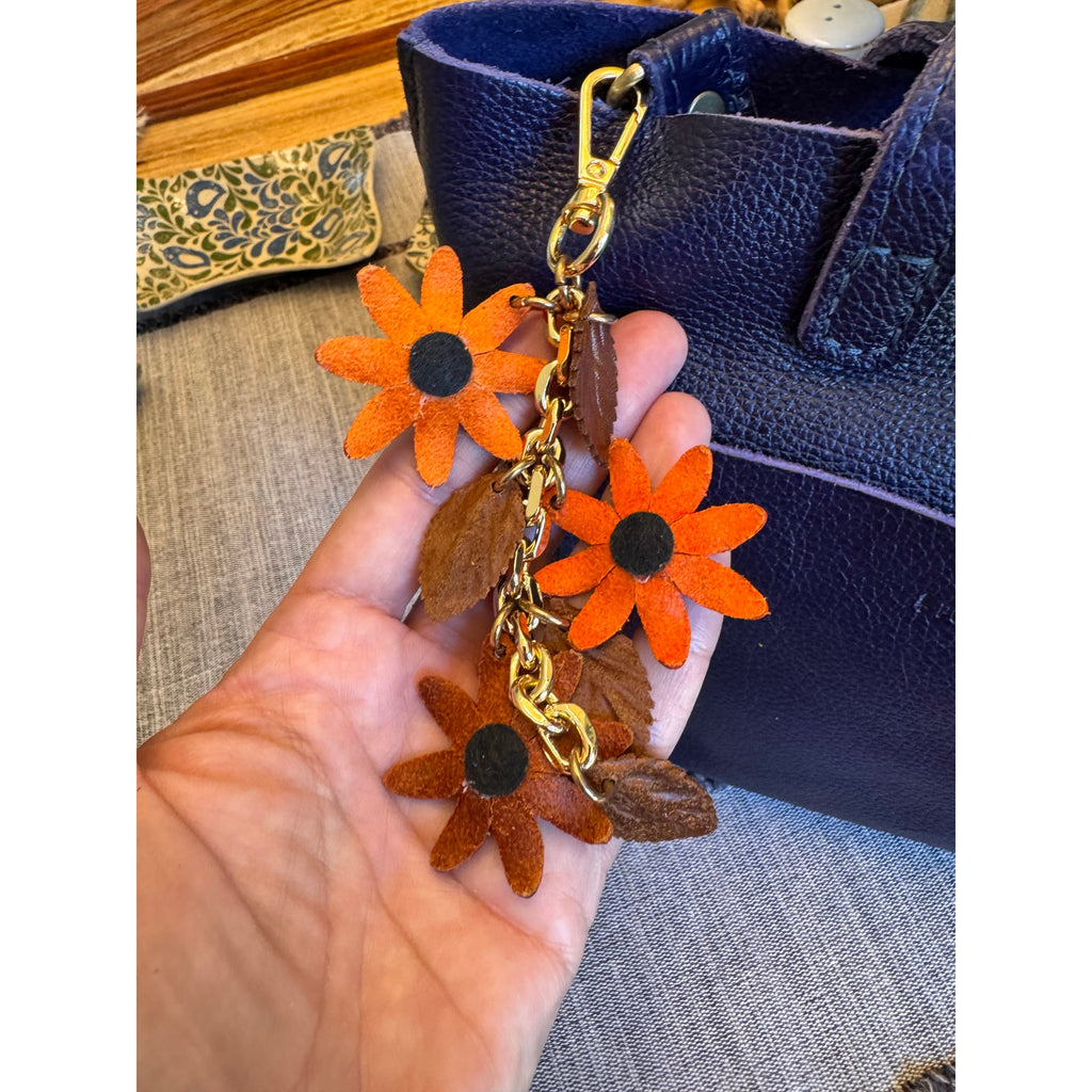 Autumn Orange Flower Bag Charm Genuine Leather Purse Charm Flower Charms NEW!