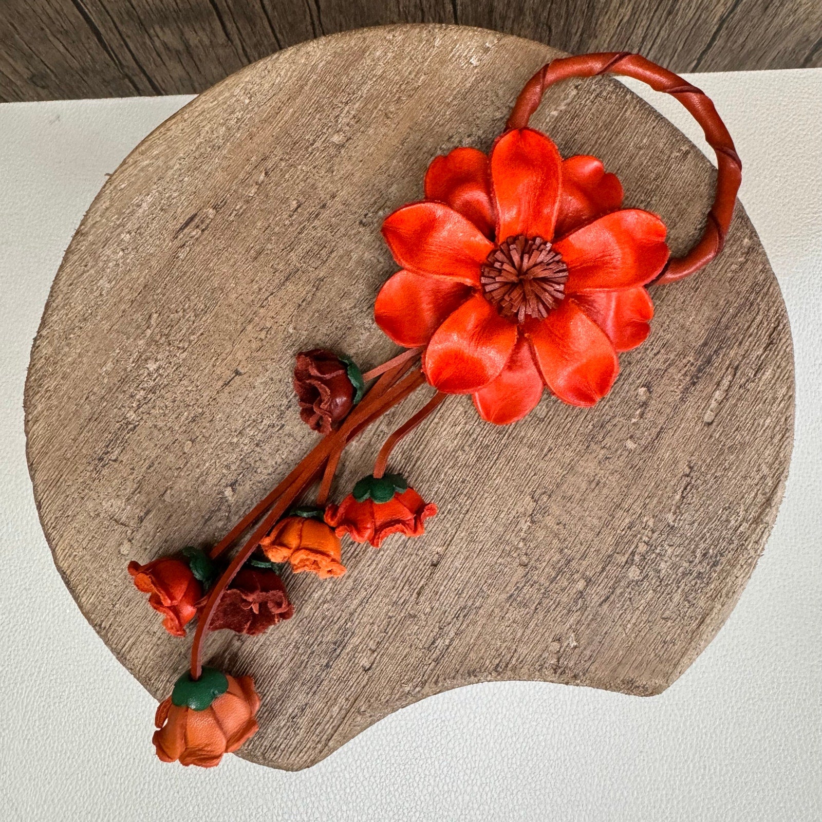 Orange Leather Flower Purse Charm Genuine Leather Purse Autumn Bag Charm