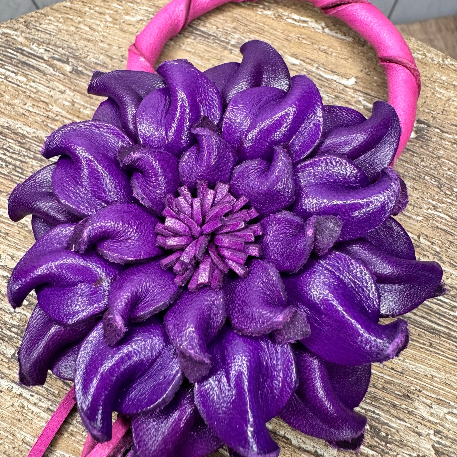 Purple Dahlia Leather Flower Purse Charm Genuine Leather Purple Flower Bag Charm