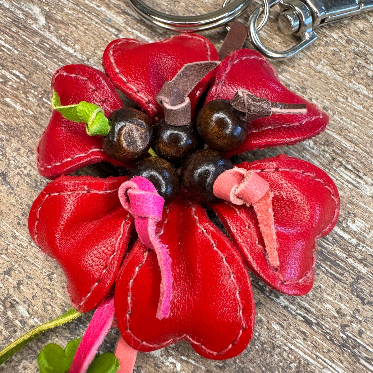 Red Leather Beaded Daisy Flower Purse Charm Genuine Leather Bag Charm NEW