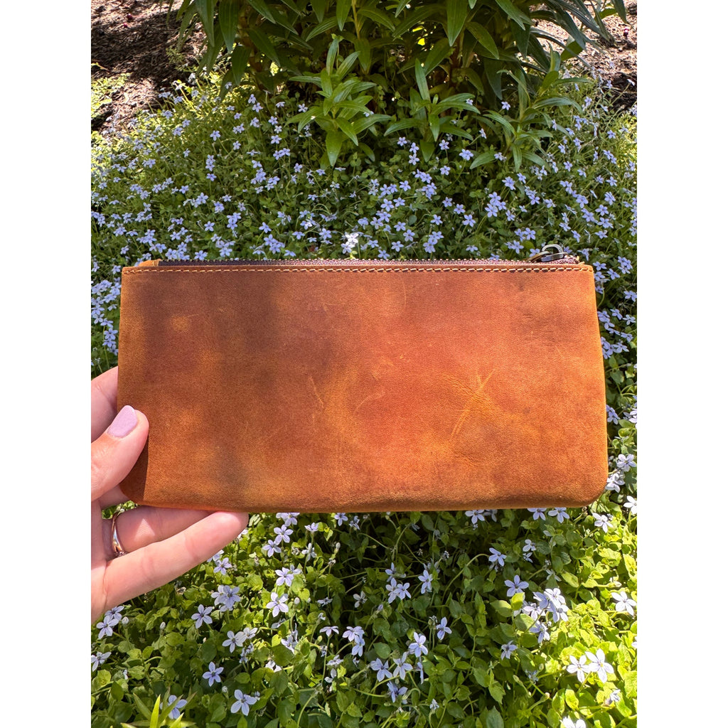 Genuine Leather Honey Brown Makeup Bag Artist Pouch Leather Wristlet Bag