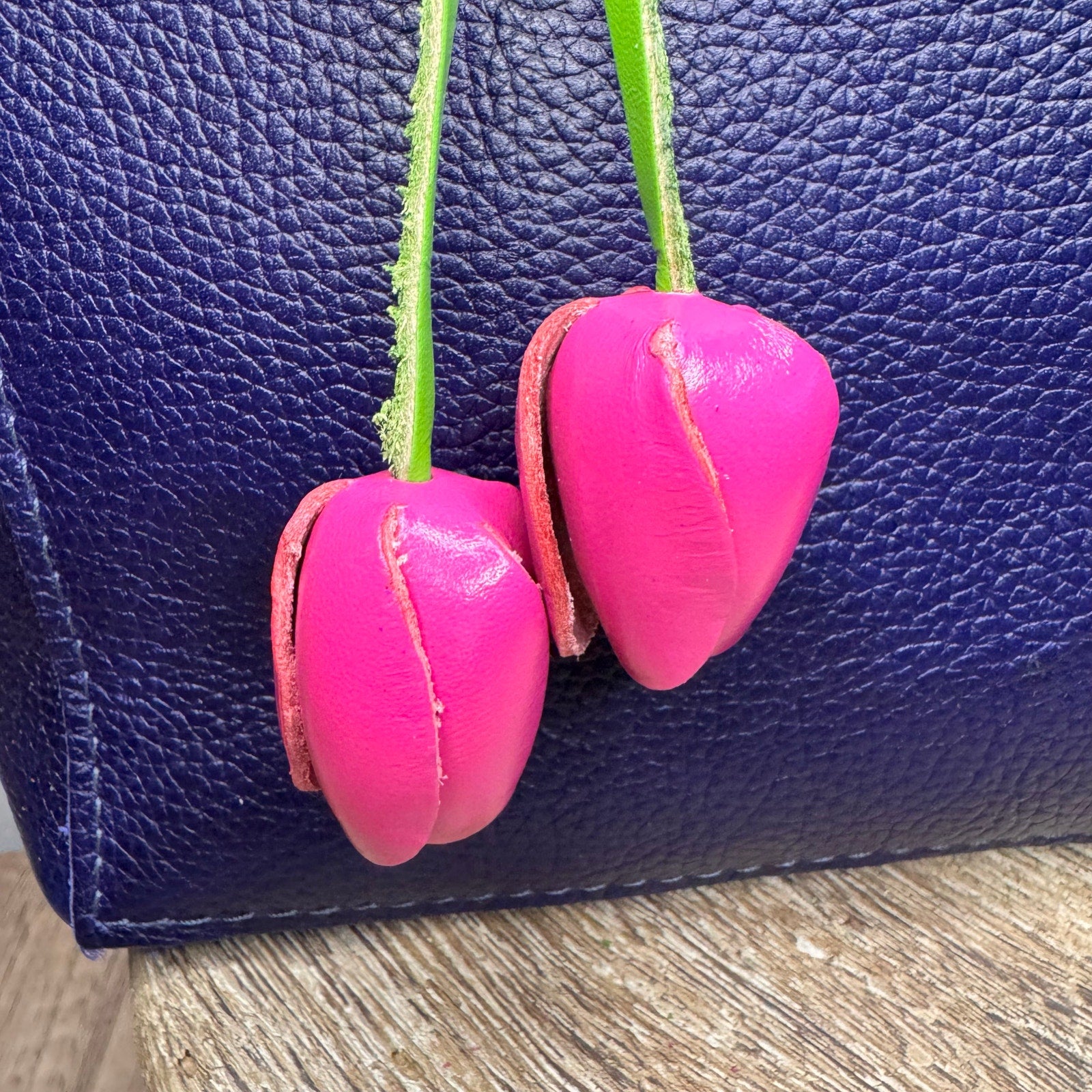 Leather Hot Pink Tulip Purse Charm Genuine Leather Pink Flower Bag Charm NEW