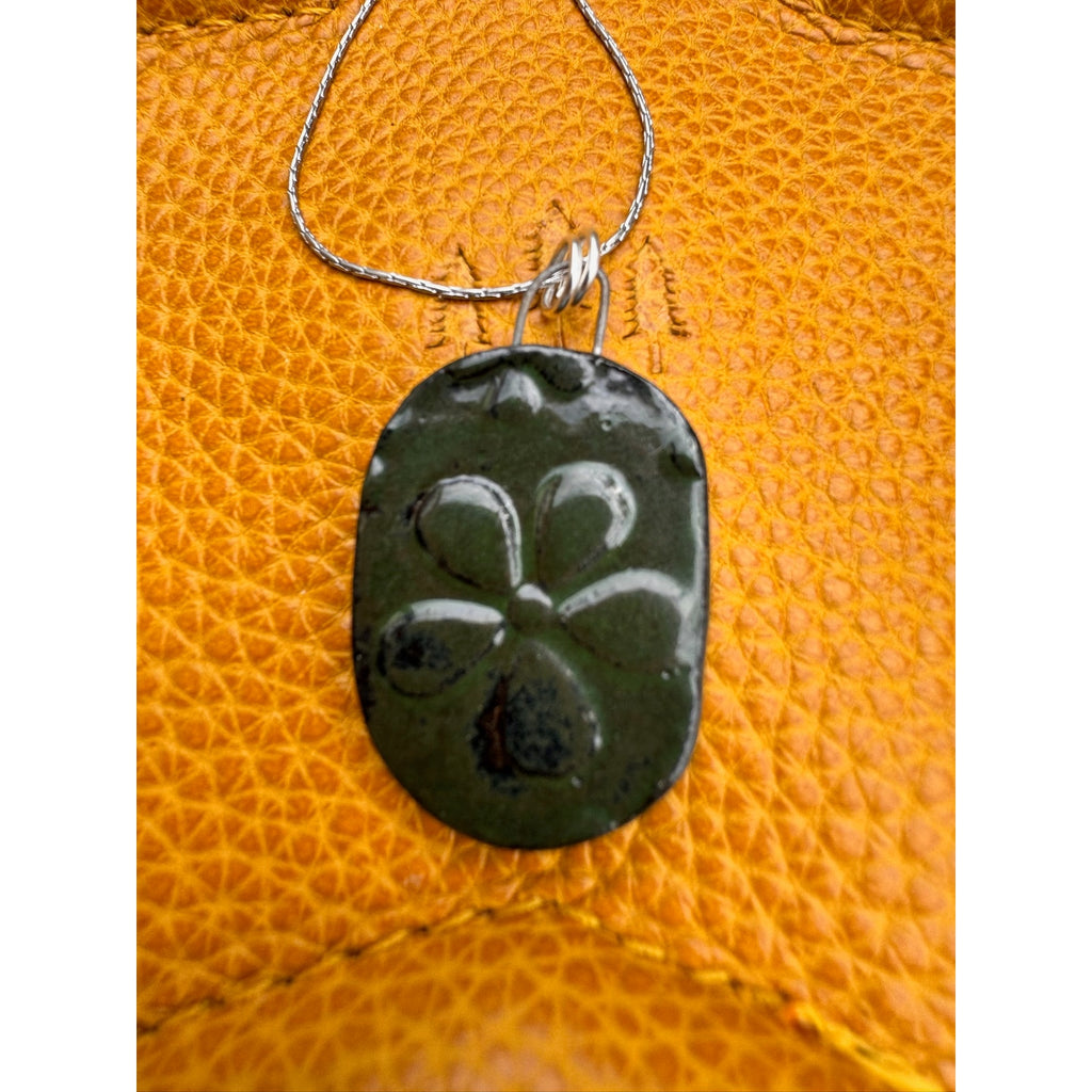 Kiln Fired Mirror Daisy Necklace Handcrafted Ceramic Pendant Jewelry Green
