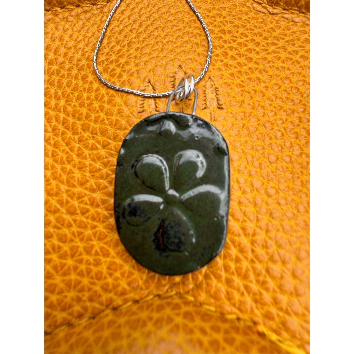 Kiln Fired Mirror Daisy Necklace Handcrafted Ceramic Pendant Jewelry Green
