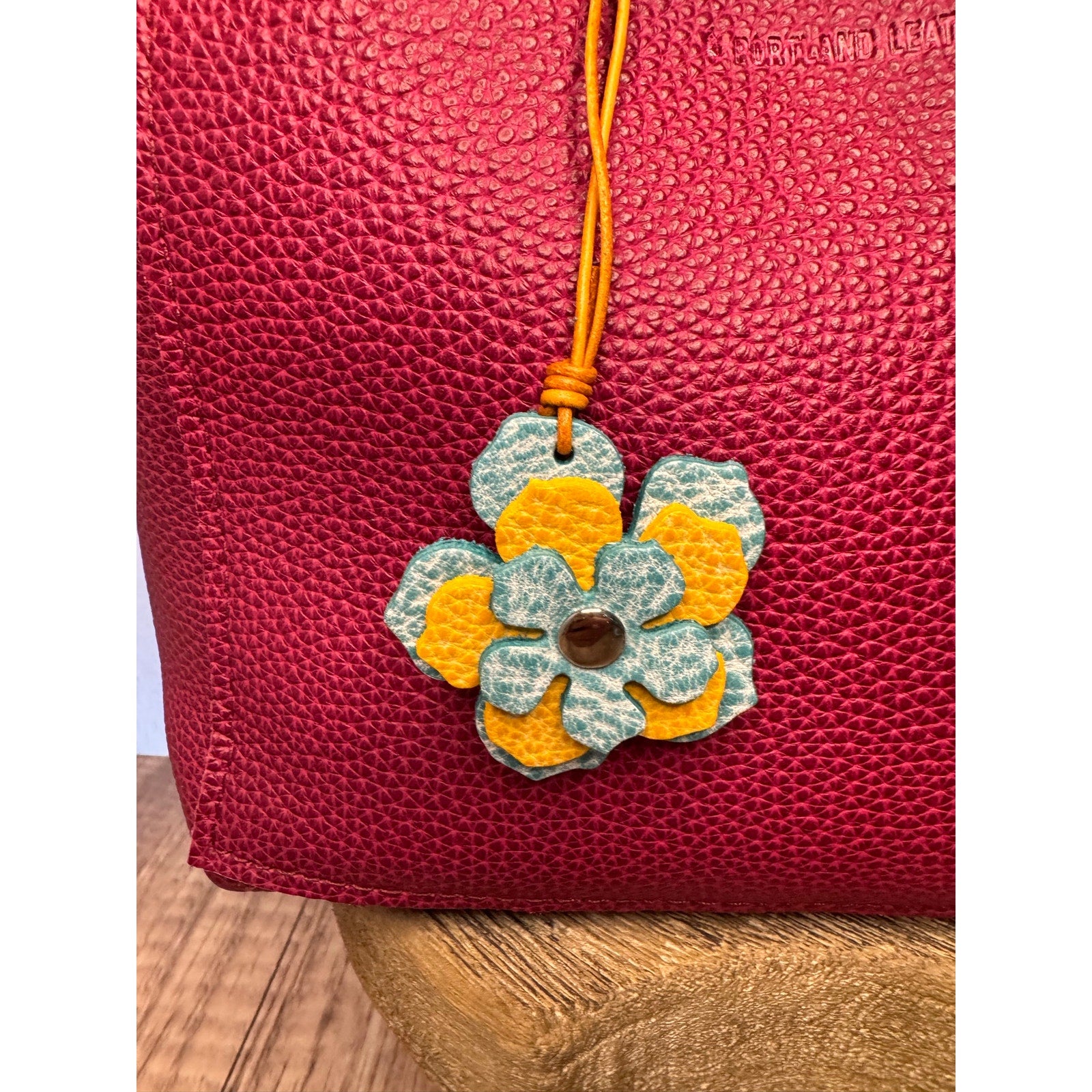 Leather Flower Bag Charm Blue Yellow Blue Flower Purse Charm Genuine Leather