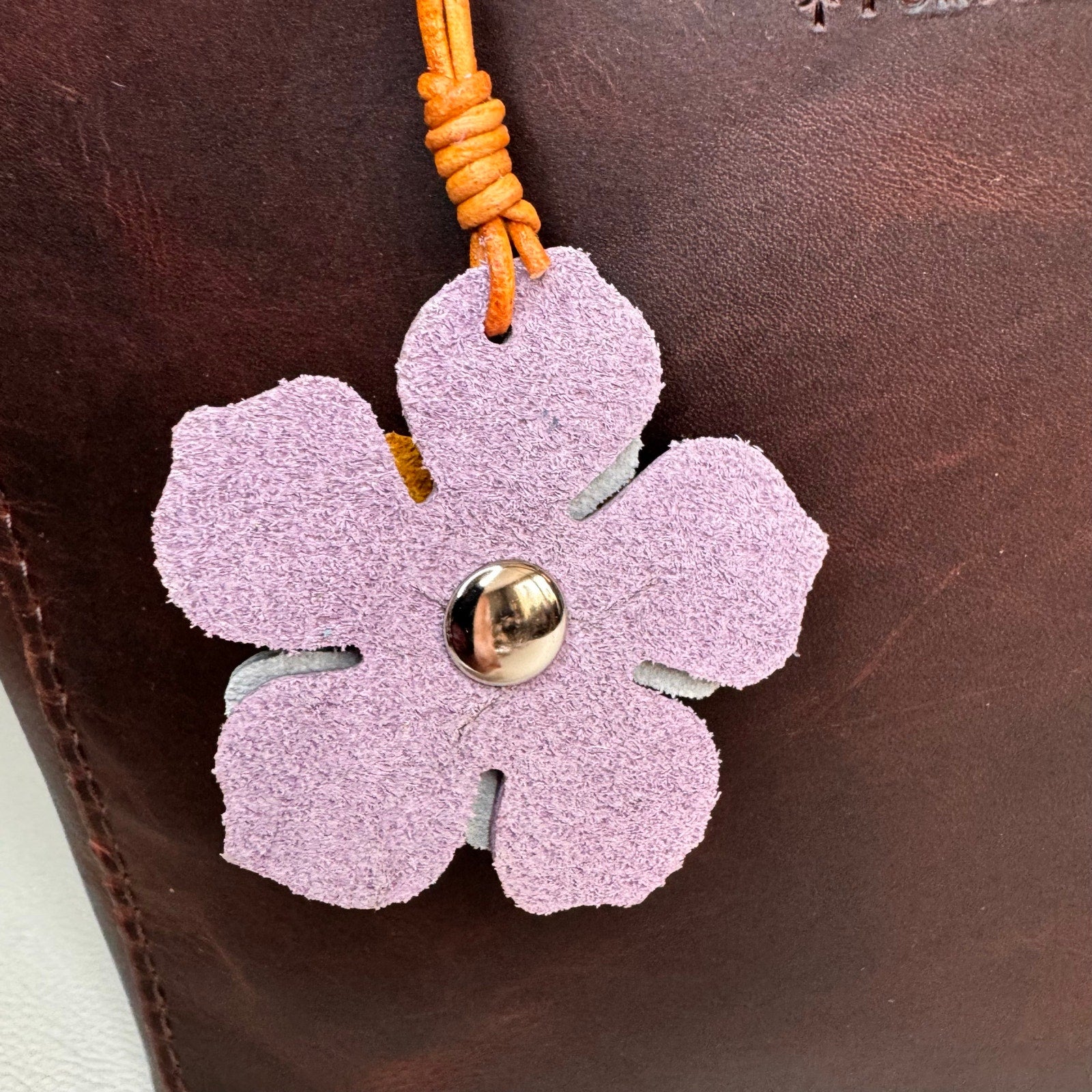 Leather Charm Lavender Yellow Flower Bag Charm Genuine Leather Purse Keychain
