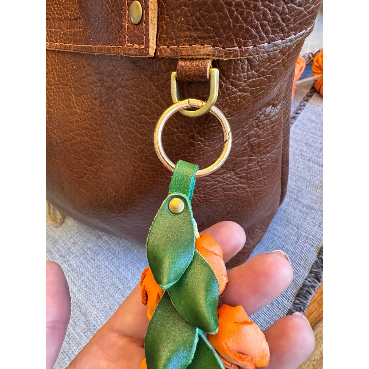 Genuine Leather Orange Trailing Flower Purse Charm Leather Bag Charm
