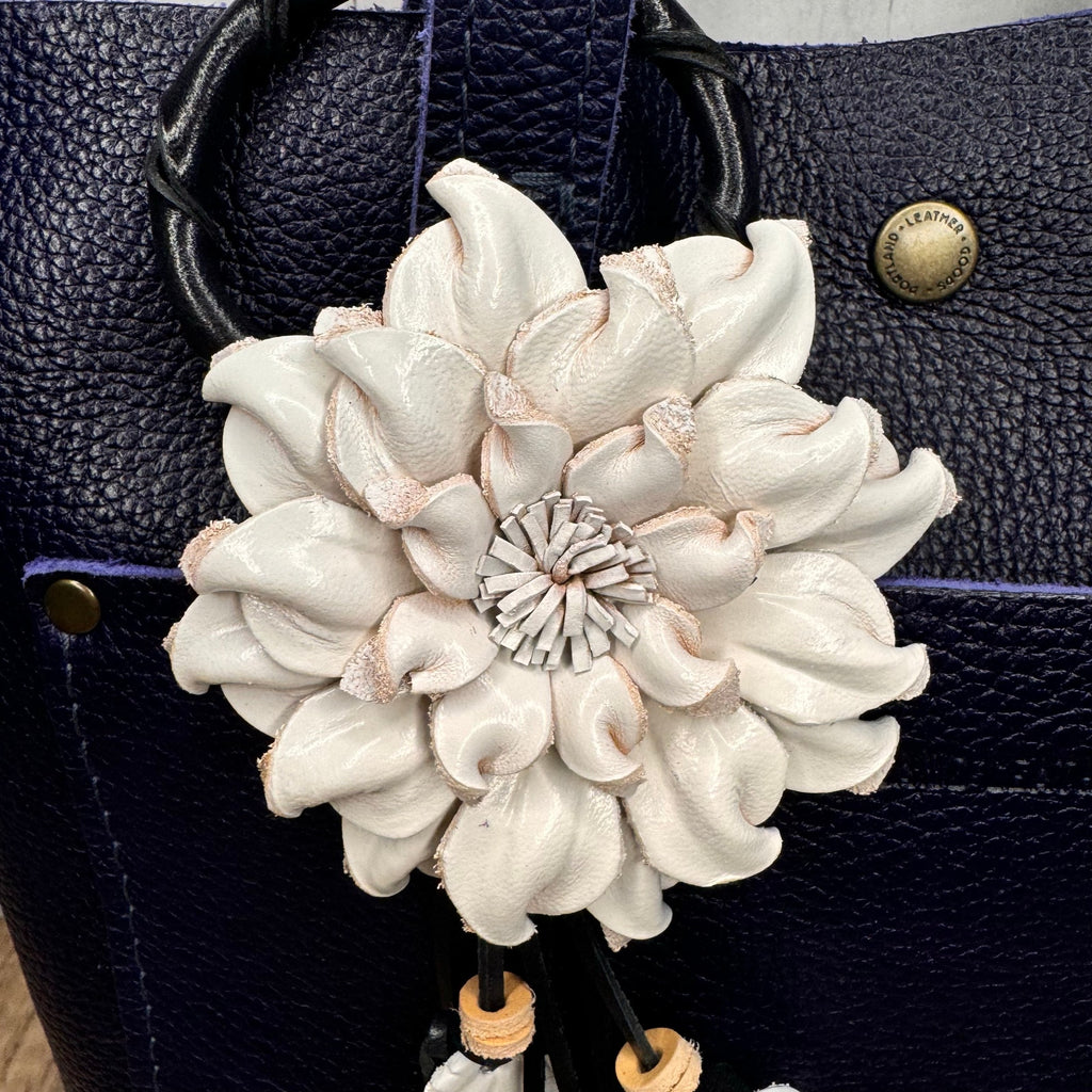 White Dahlia Leather Flower Purse Charm Genuine Leather White Flower Bag Charm
