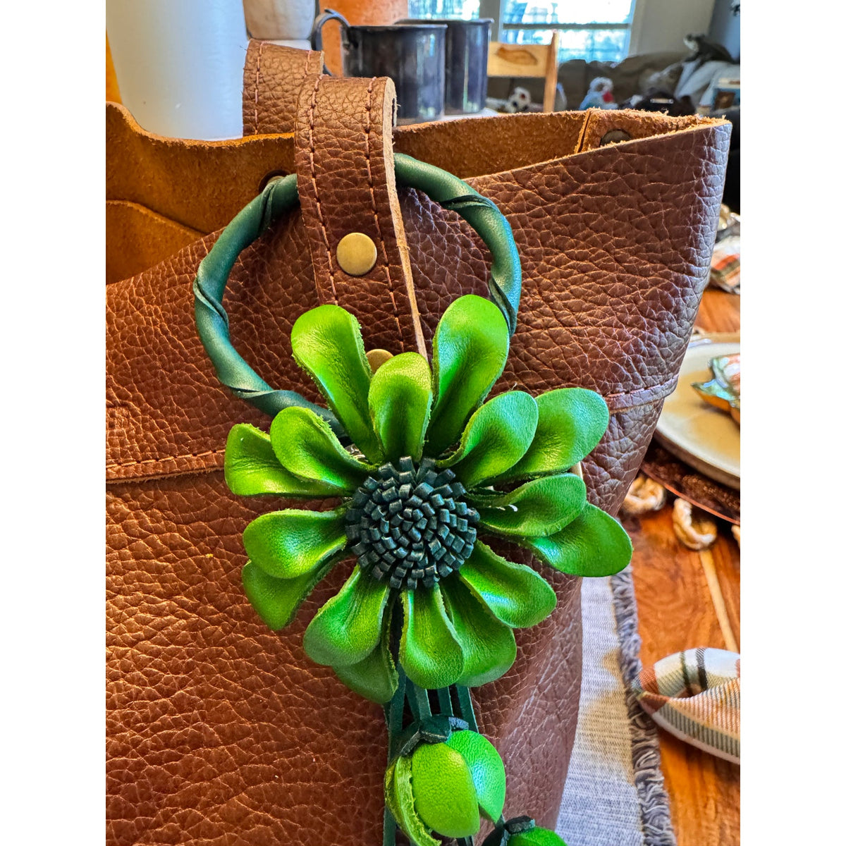 Green Flower Purse Charm Flower Bag Charm Genuine Leather Accessories NEW!
