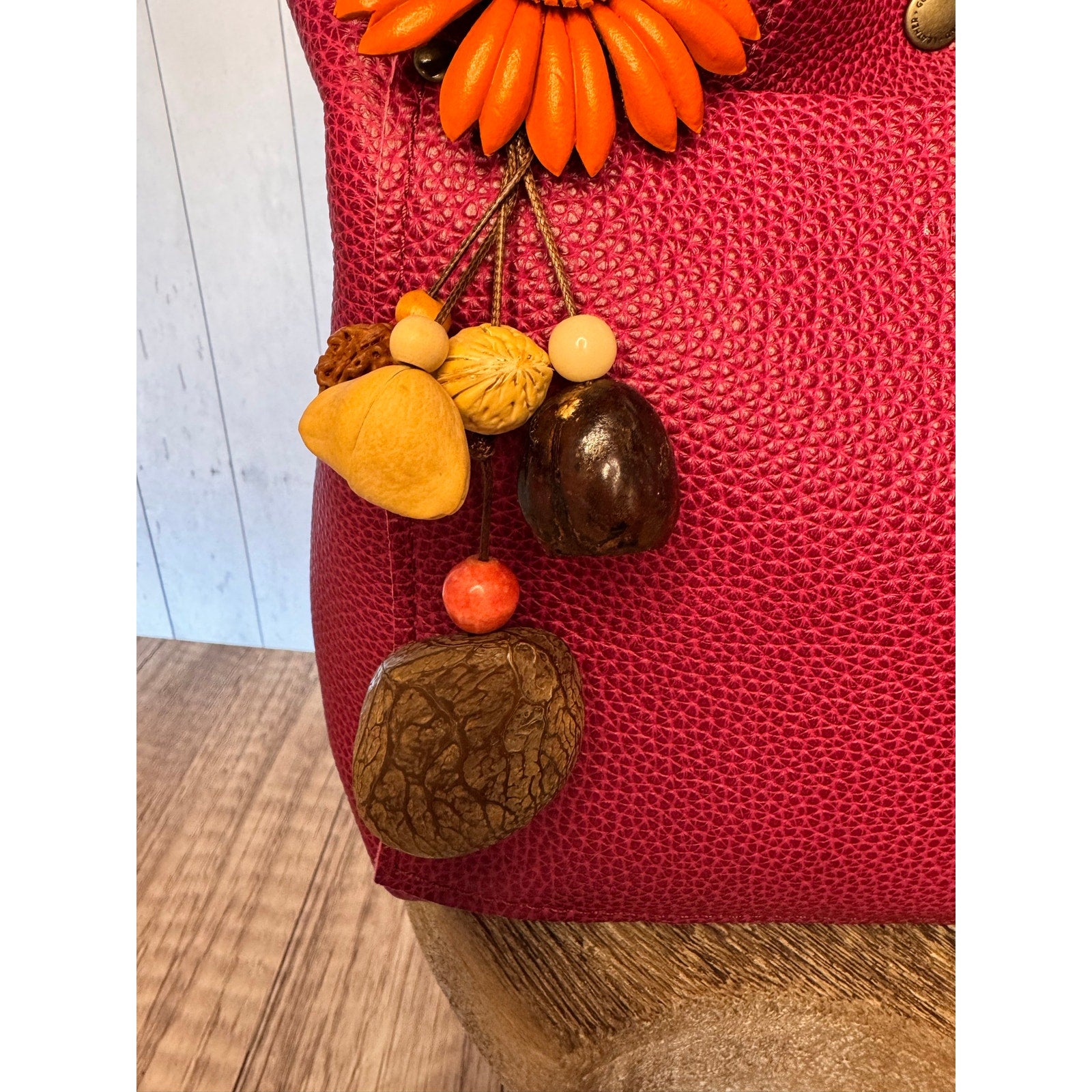 Summer Orange Gerbera Daisy Purse Charm Genuine Leather Flower Bag Charm