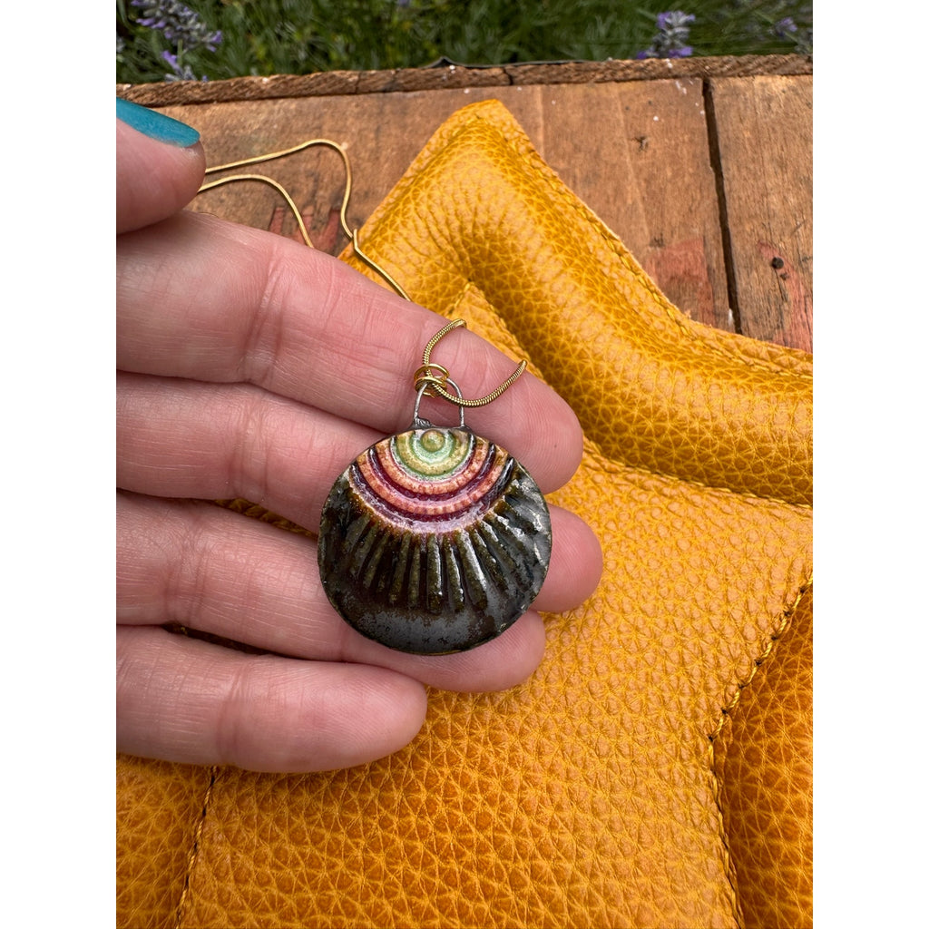 Kiln Fired Ceramic Round Sunburst Pendant Necklace Ceramics Made in Oregon