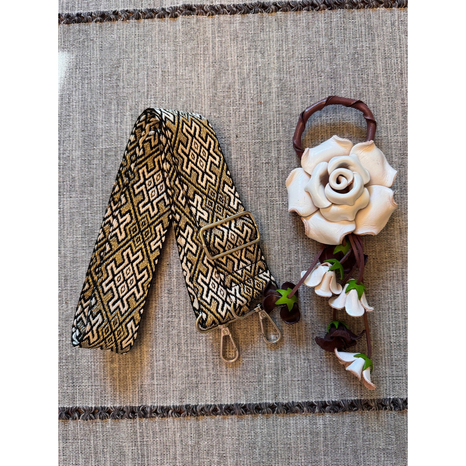 Set of 2: Genuine Leather White Rose Bag Charm Gold White Crossbody Purse Strap