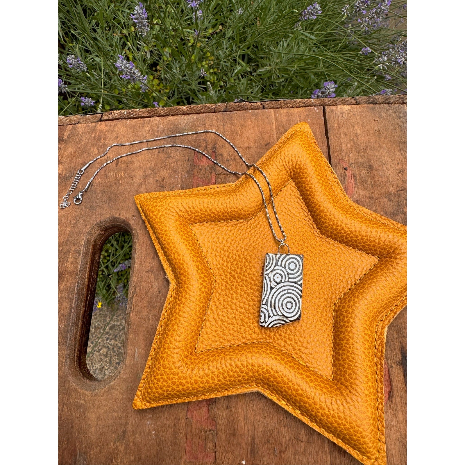 Ceramic Rectangle Pendant Necklace Handcrafted Jewelry Circle Boho Necklace