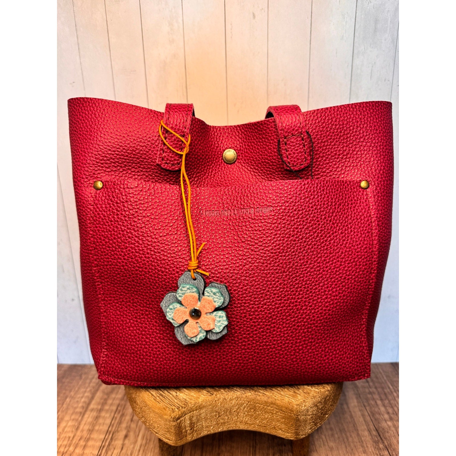 Leather Flower Bag Charm Pink Blue Indigo Flower Purse Charm Genuine Leather