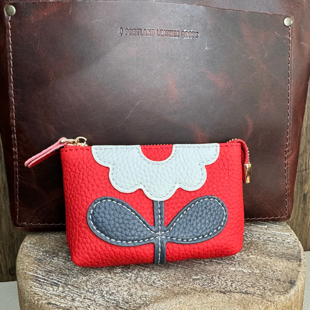 Flower Coin Purse Red Wallet Genuine Red Leather Wallet NEW FAST SHIP 5.25 x3.5