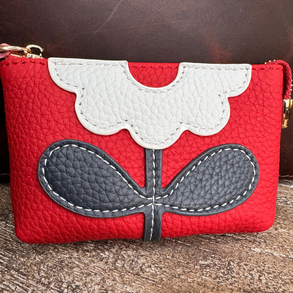 Flower Coin Purse Red Wallet Genuine Red Leather Wallet NEW FAST SHIP 5.25 x3.5
