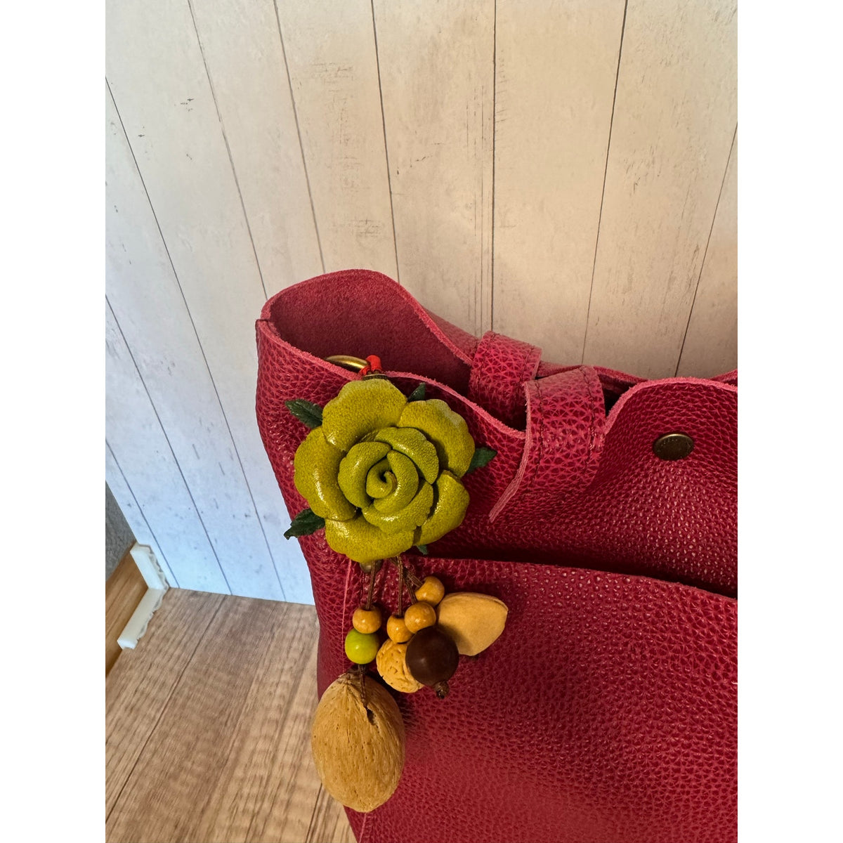 Summer Rose Lime Green Purse Charm Genuine Leather Lime Flower Bag Charm 2 inch