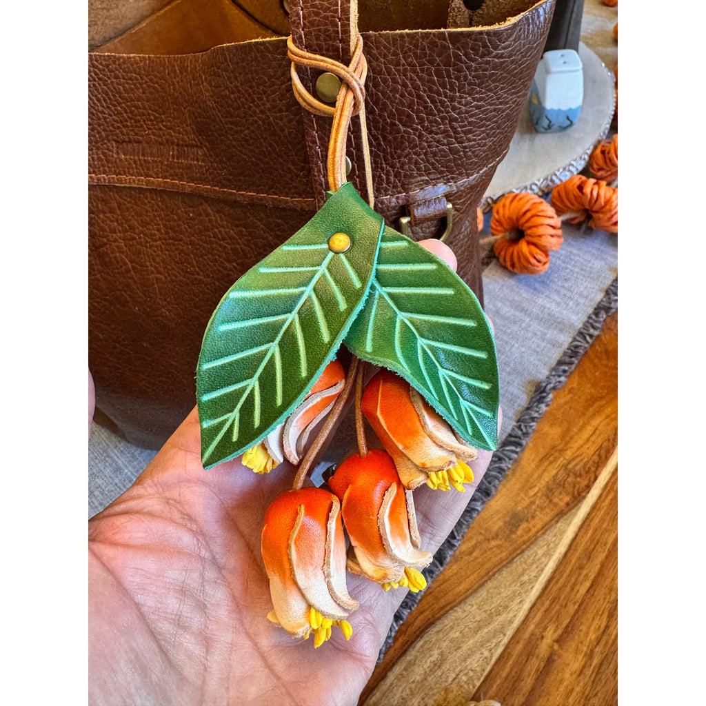 Genuine Leather Green Leaf Orange Flower Purse Charm Leather Bag Charm