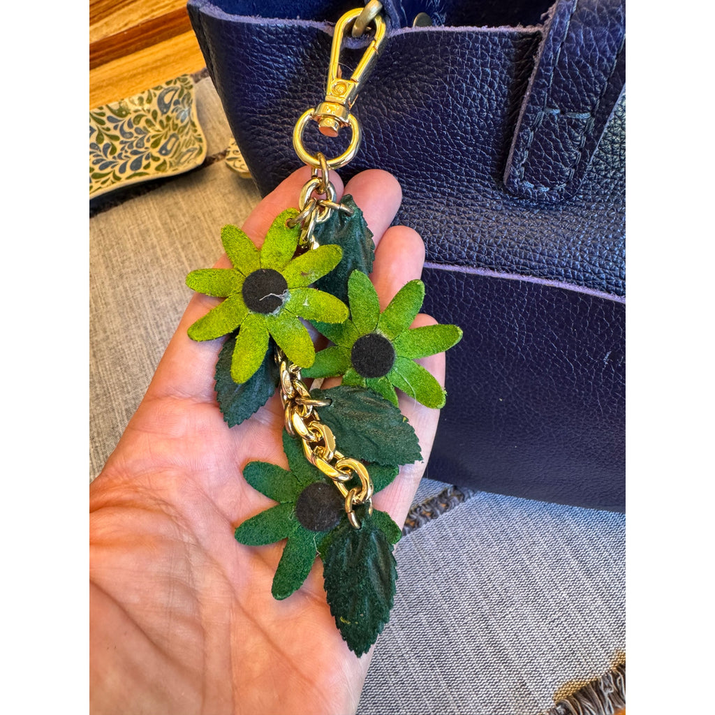 Colorful Green Flower Bag Charm Genuine Leather Purse Charm Flower Charms NEW!