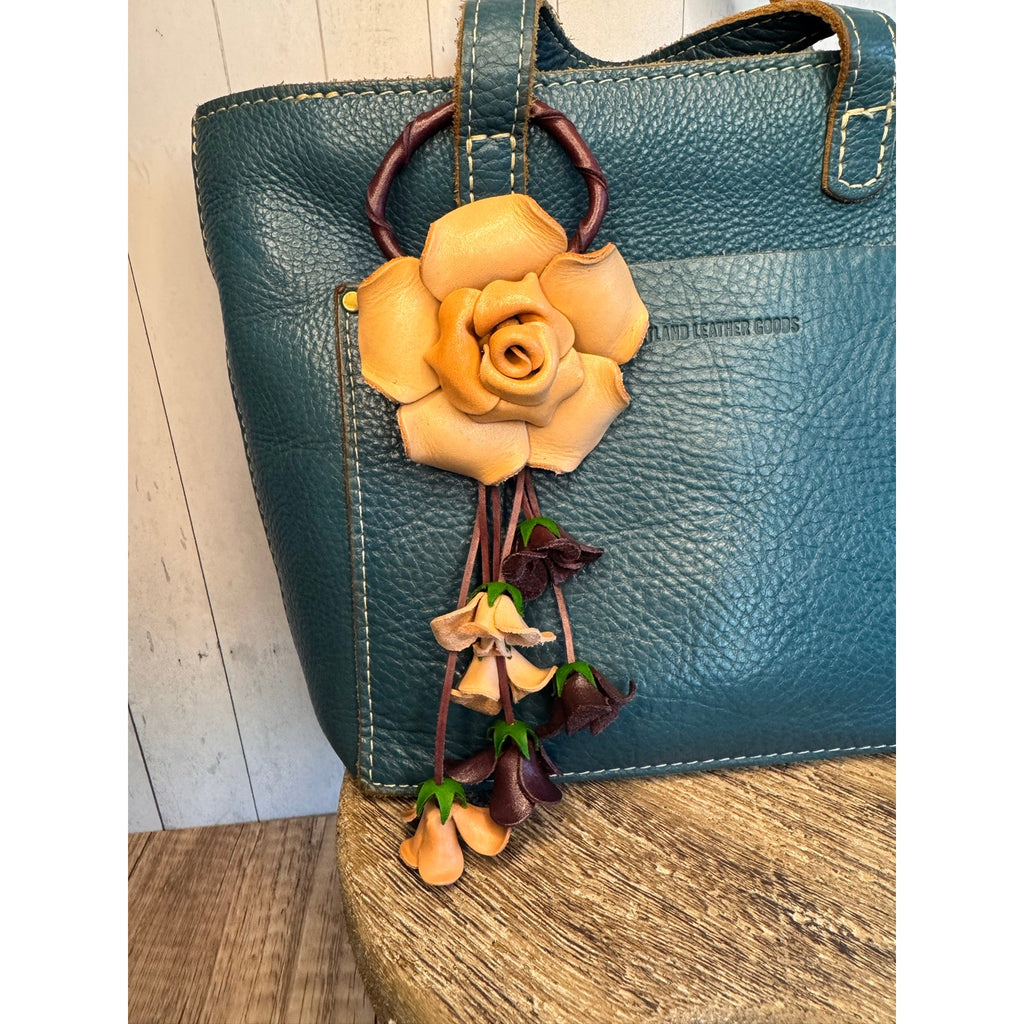 Rose Purse Charm Genuine Leather Tan Rose Summer Flower Bag Charm FAST SHIP