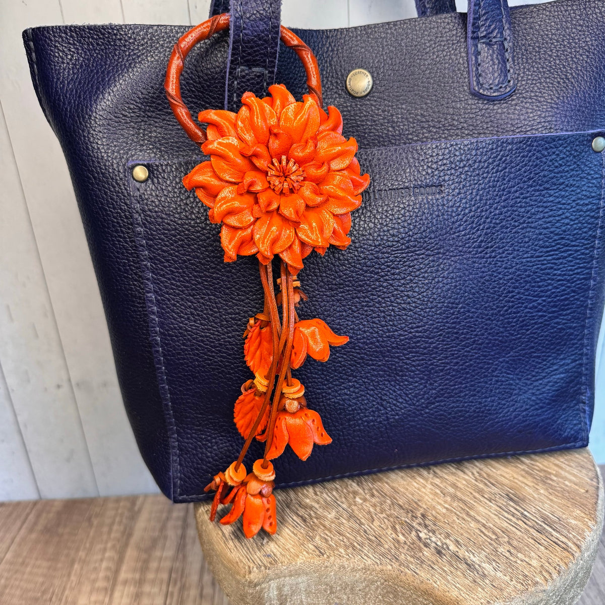 Leather Flower Purse Charm Genuine Leather Orange Mum Dahlia Bag Charm NeW!