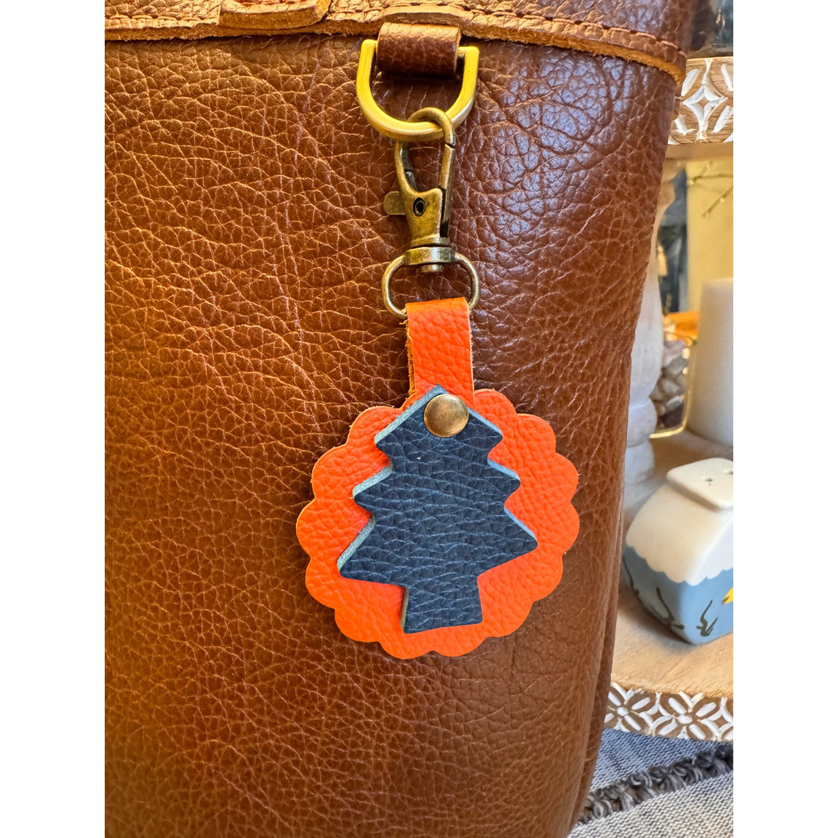 Round Christmas Tree Bag Charm Genuine Leather Orange Blue Accessories NEW!