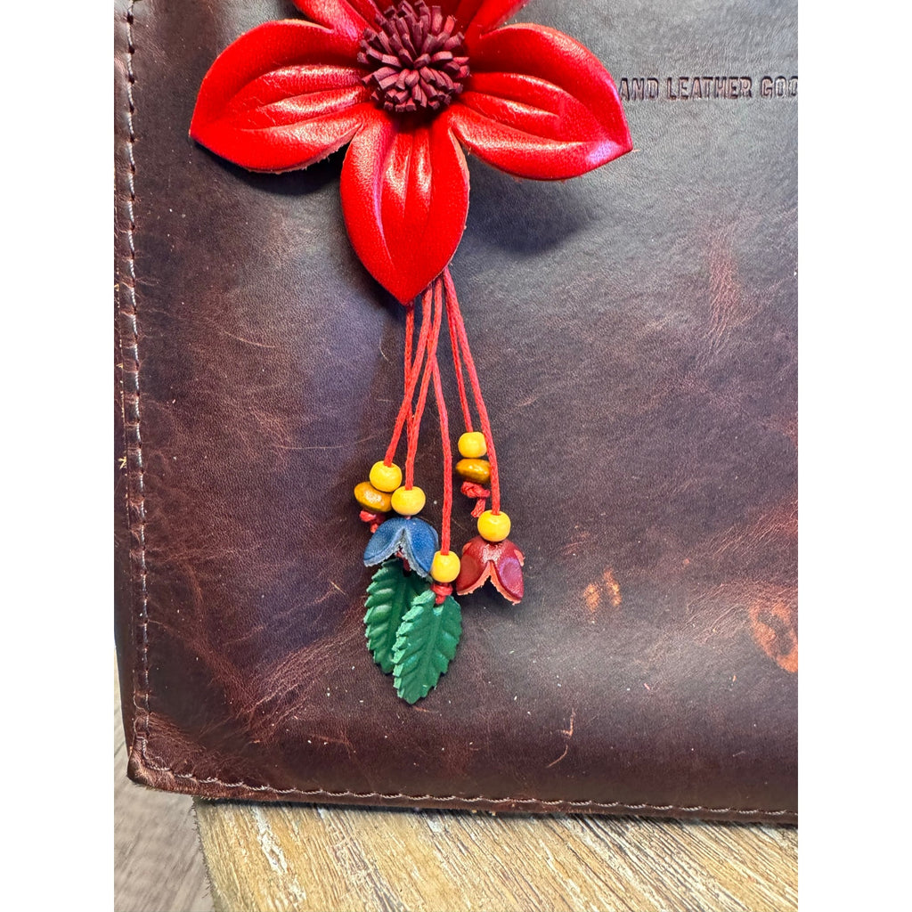 Red Flower Daisy Purse Charm Genuine Leather Flower Red Bag Charm NEW!
