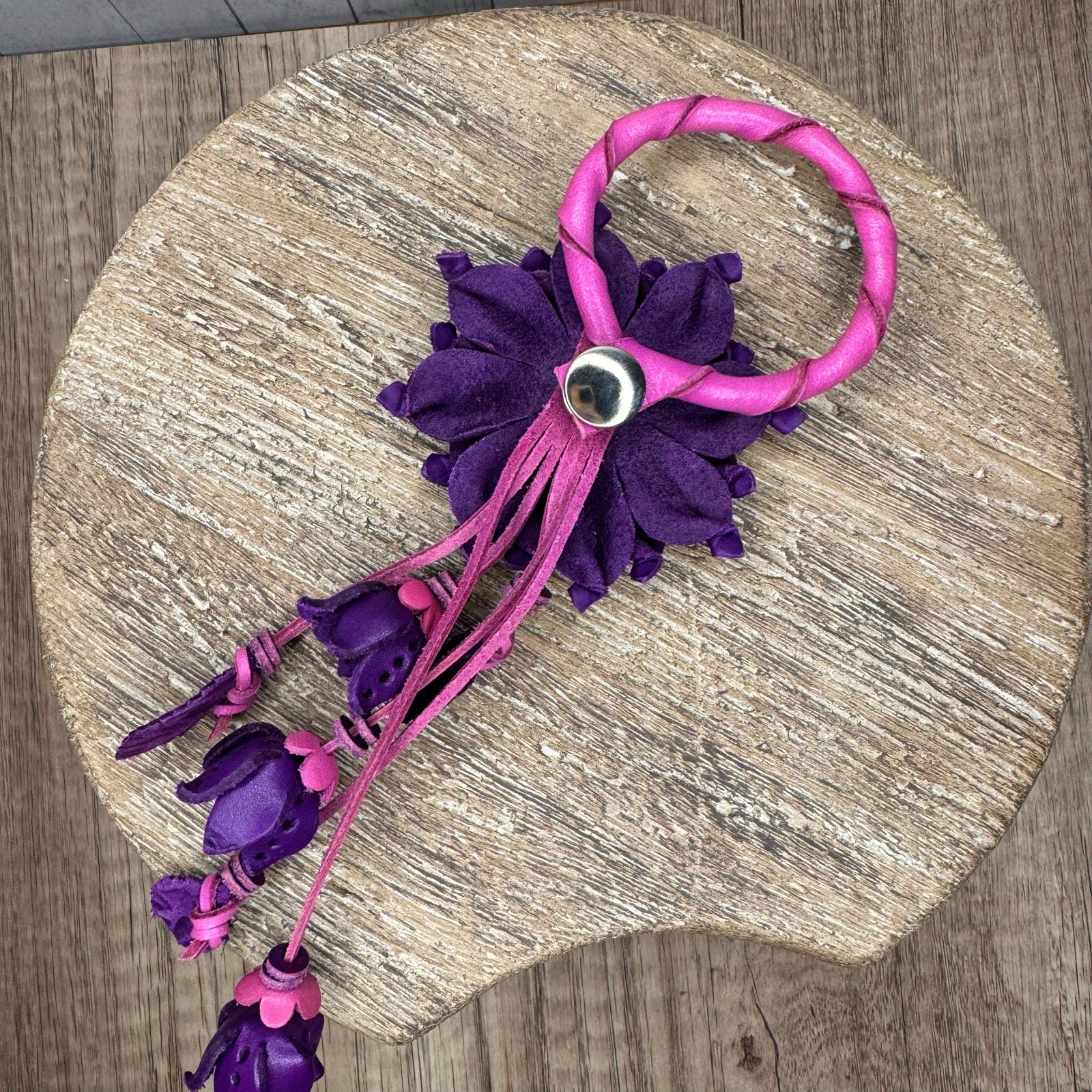 Purple Dahlia Leather Flower Purse Charm Genuine Leather Purple Flower Bag Charm