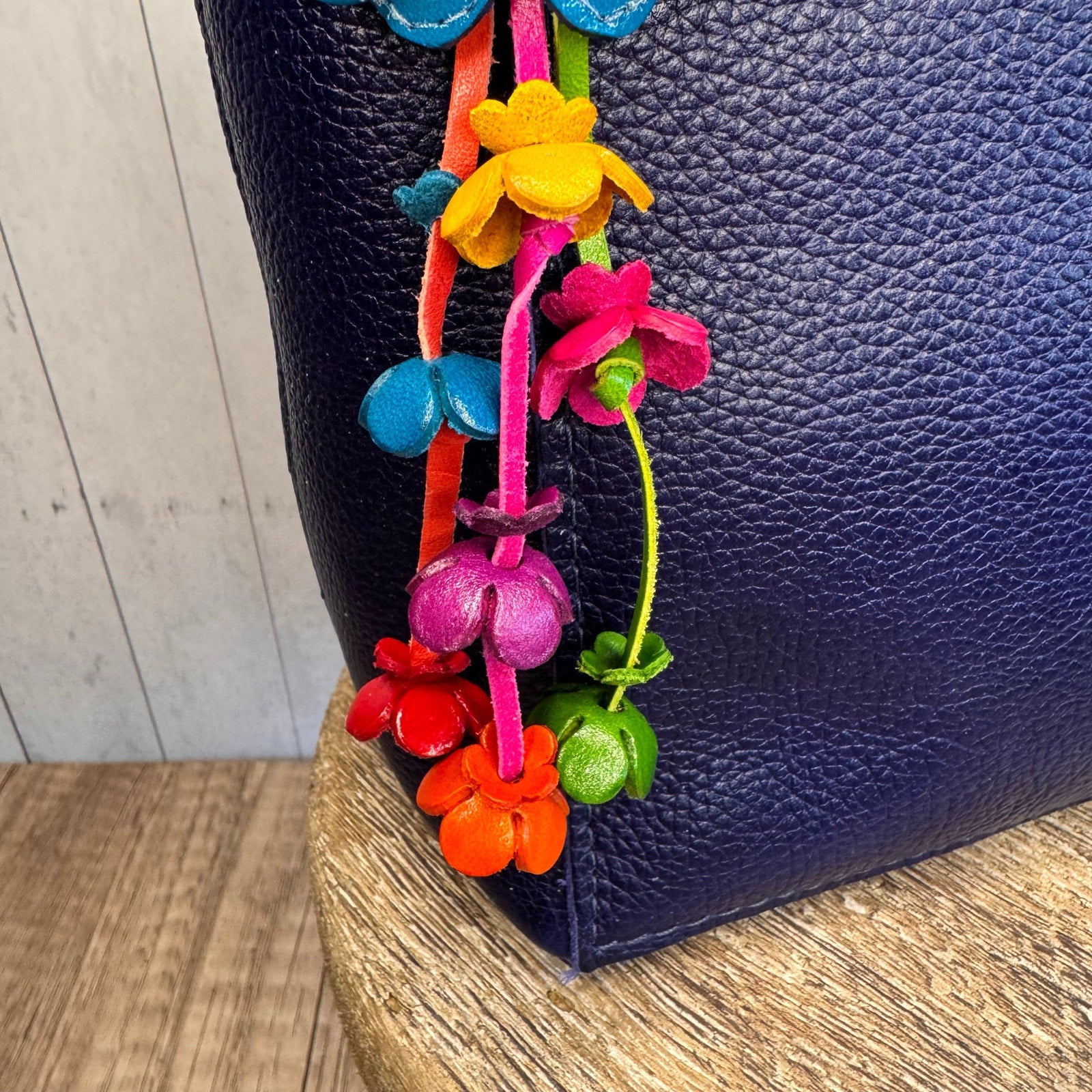 Bright Blue Daisy Flower Leather Bag Charm Genuine Leather Purse Charm Flowers