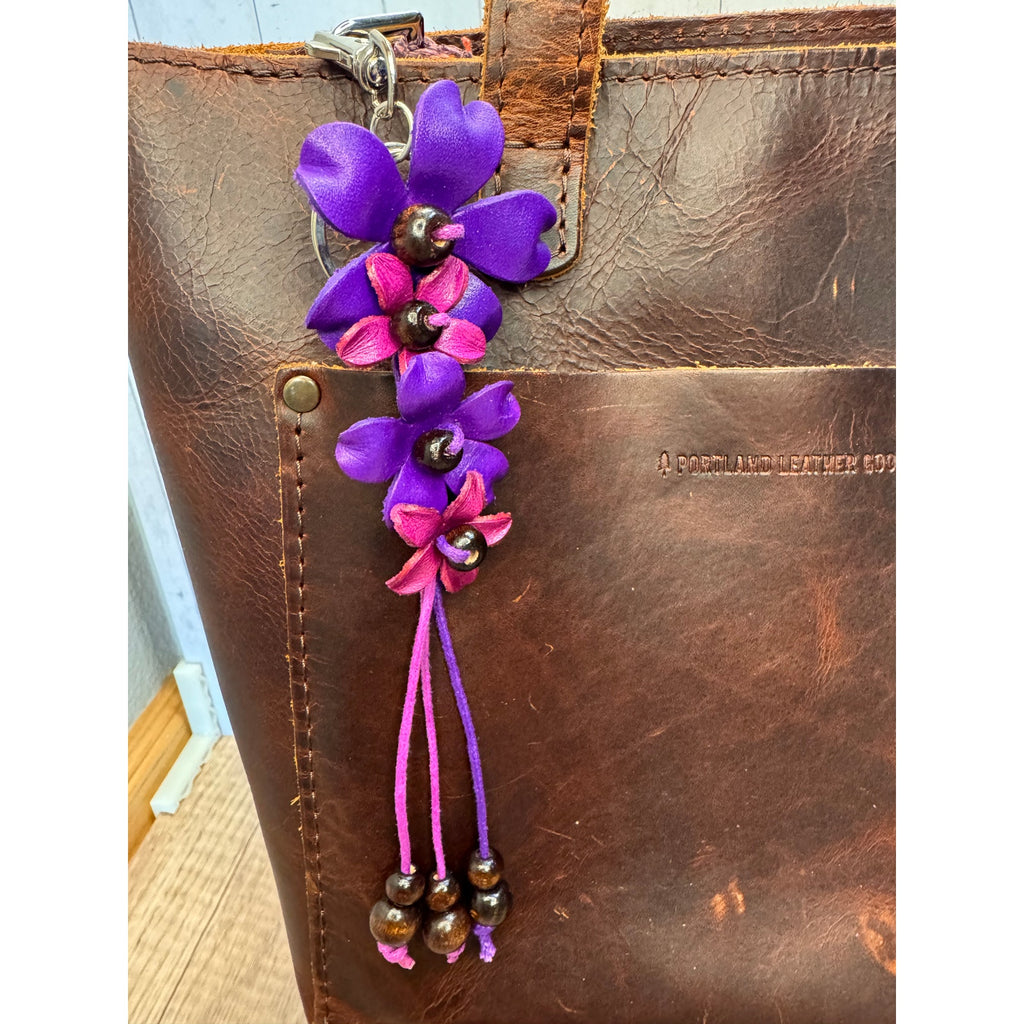 Plumeria Flower Bag Charm Genuine Leather Flower Bag Charm Purple Flower Charm