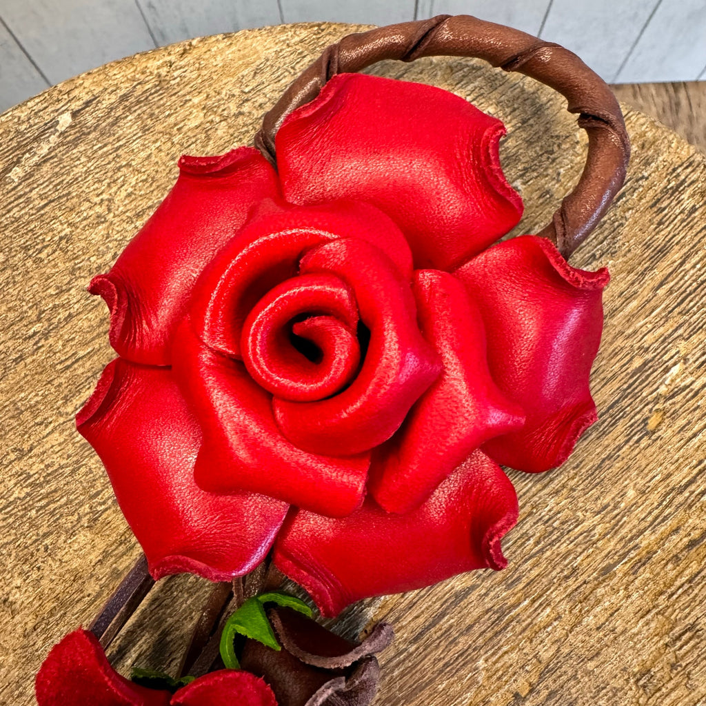 Leather Red Rose Purse Charm Genuine Leather Flower Bag Charm NEW FAST SHIP