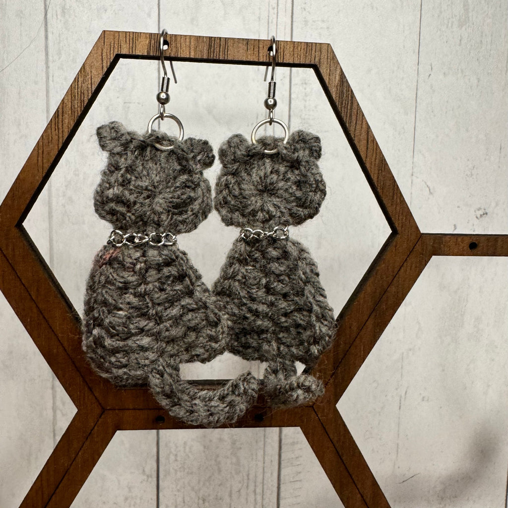 Gray Cat Crochet Earrings Kitty Accessories Gray Earrings FAST SHIP NEW!